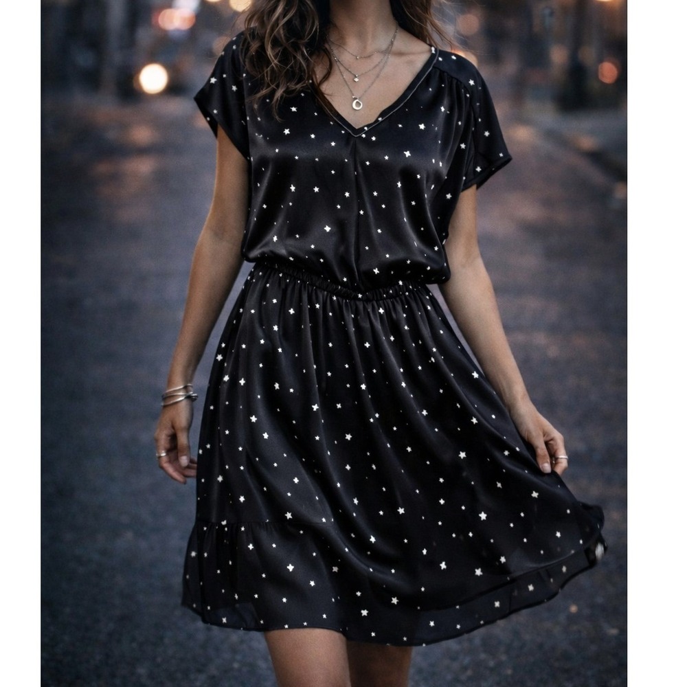 H&M Black Star Print Satin Dress Size 10 Black Galaxy V-Neck Elastic Waist